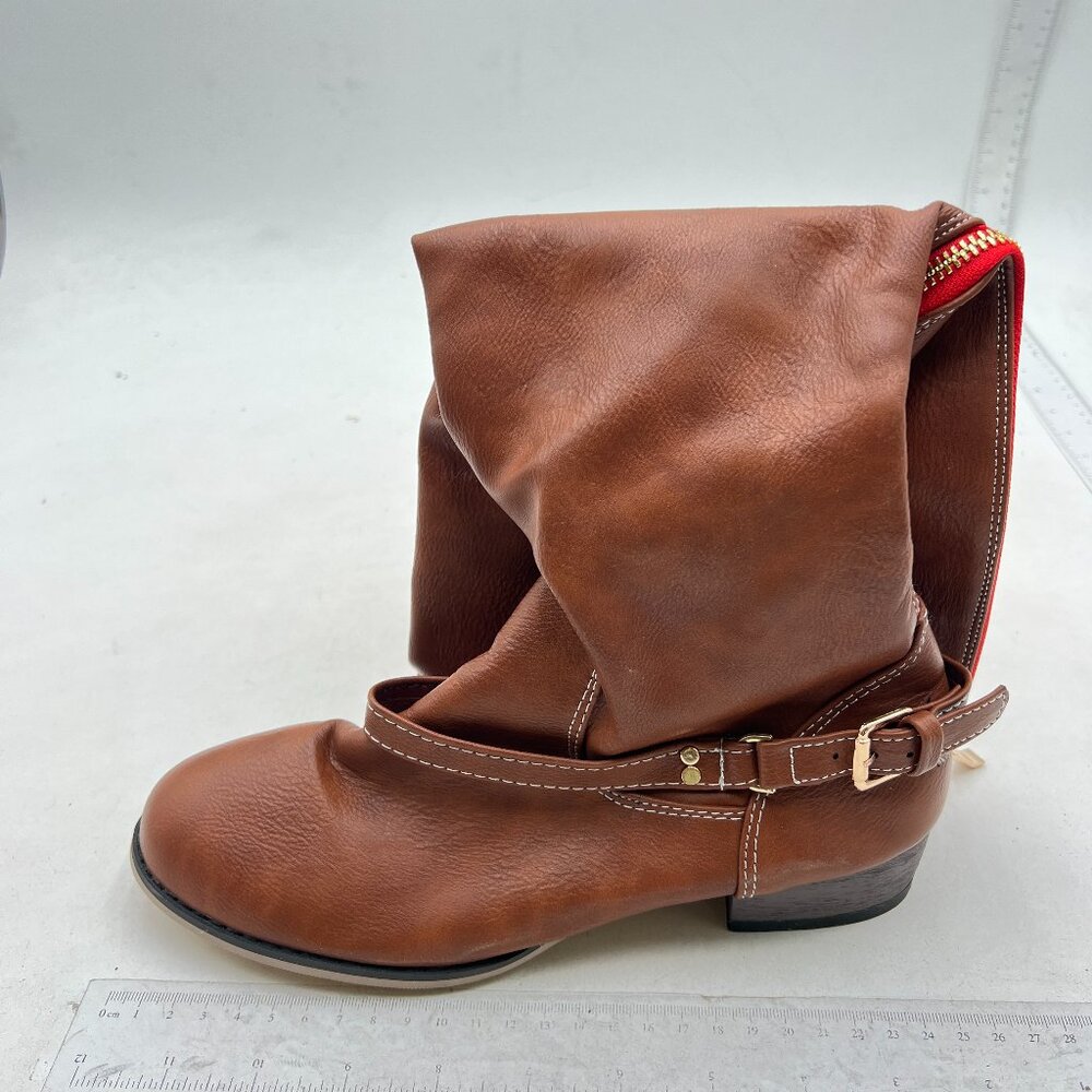Brown Women Round Toe Knee High Boots Block Low Heel Wide Calf Boots Casual Shoe